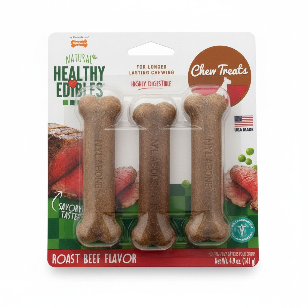 Nylabone Natural Healthy Edibles Roast Beef Flavor Chew Treats 3-pack 4.9 oz