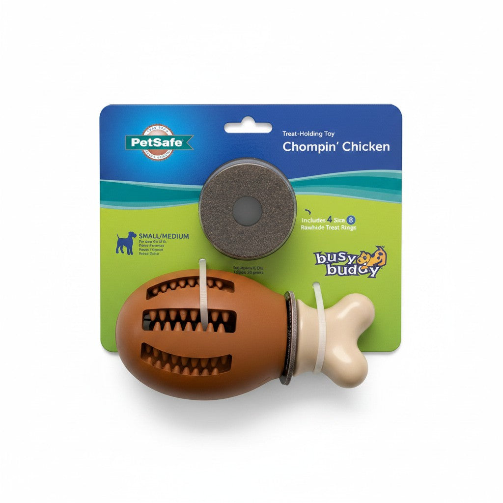 PetSafe Busy Buddy Chompin Chicken Treat-Holding Toy Small Medium with Rawhide Treat Rings