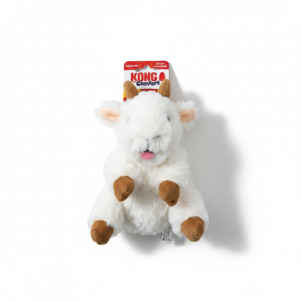 KONG Comfort Goat Plush Squeaky Dog Toy white with brown hooves