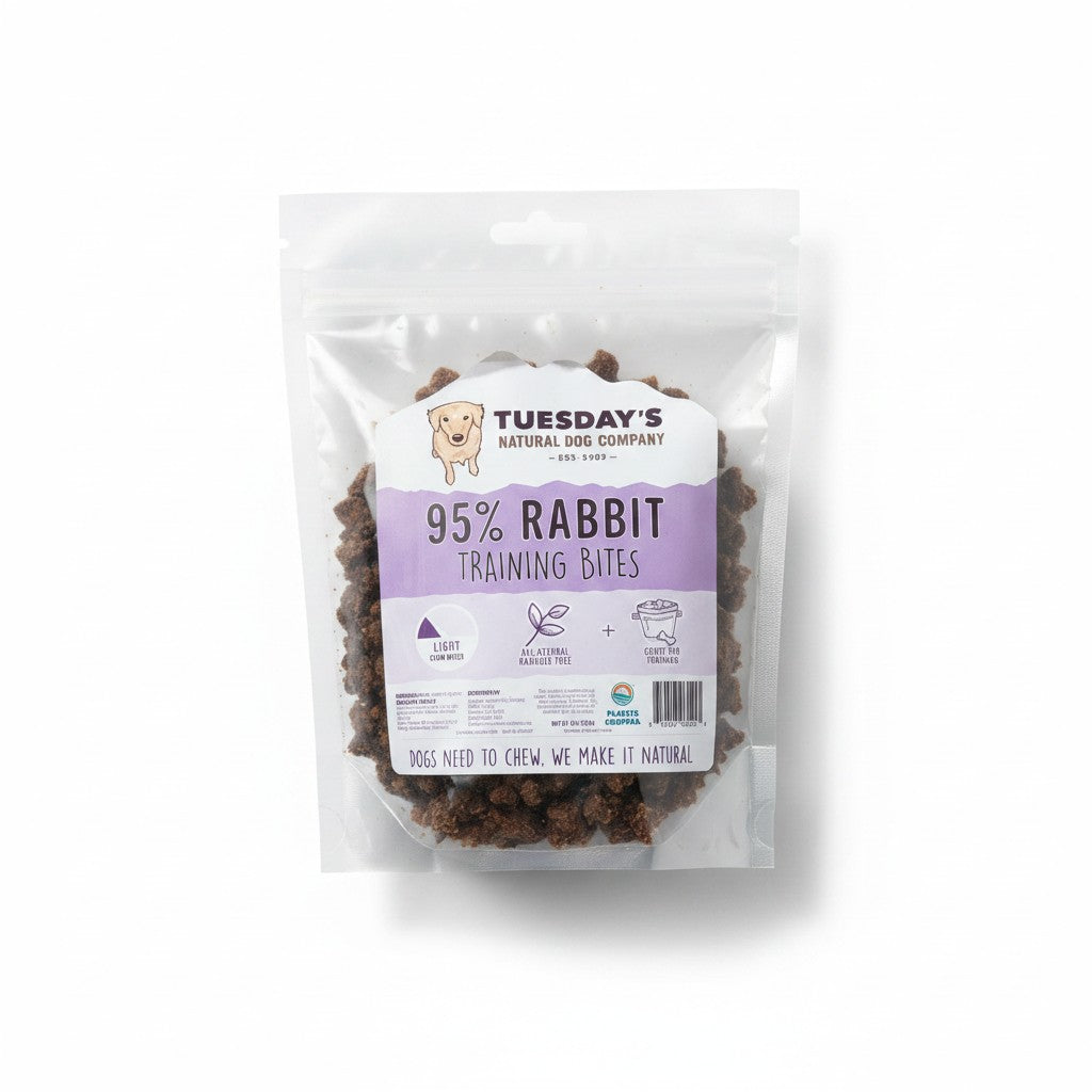 Tuesday's Natural Dog Company 95% Rabbit Training Bites all natural rawhide free light chew